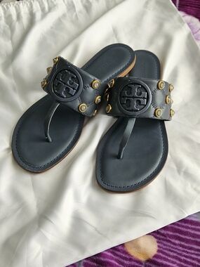 Tory Burch Blue Leather Logo Thong Sandals with Gold Studs